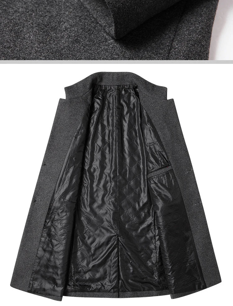 Business Casual Trench Coat - Men's Wool Blend Long Overcoat With Mandarin Collar - ZOOMNSTORE