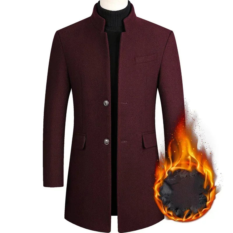 Business Casual Trench Coat - Men's Wool Blend Long Overcoat With Mandarin Collar - ZOOMNSTORE