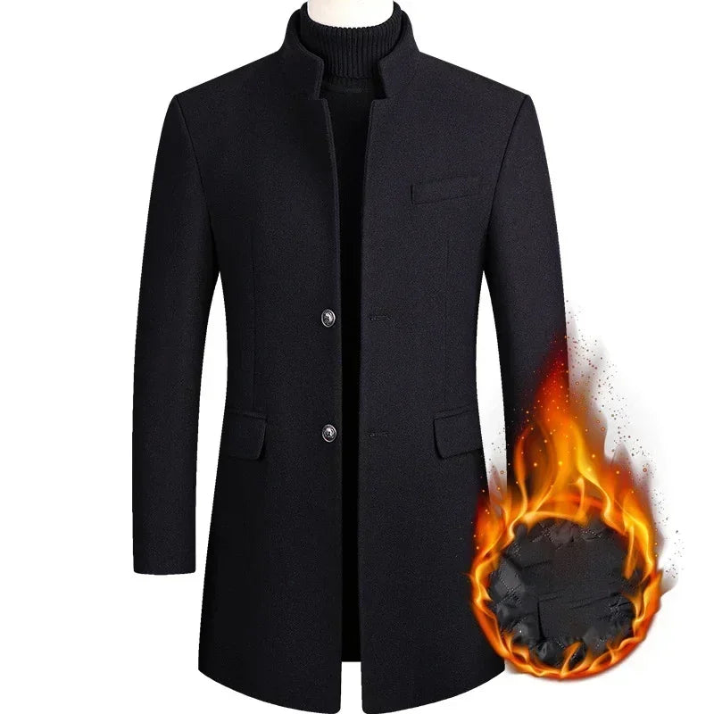 Business Casual Trench Coat - Men's Wool Blend Long Overcoat With Mandarin Collar - ZOOMNSTORE