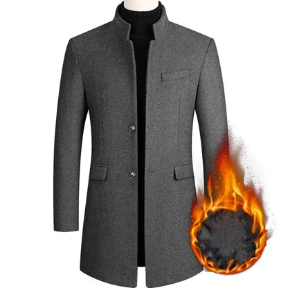 Business Casual Trench Coat - Men's Wool Blend Long Overcoat With Mandarin Collar - ZOOMNSTORE