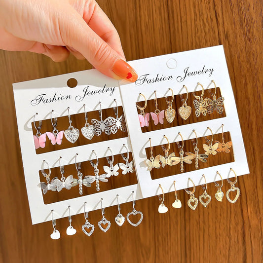 Butterfly Heart Drop Earrings Set - 9 Pcs Geometric Gold Silver Jewelry for Girls - ZOOMNSTORE