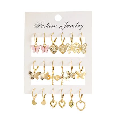 Butterfly Heart Drop Earrings Set - 9 Pcs Geometric Gold Silver Jewelry for Girls - ZOOMNSTORE