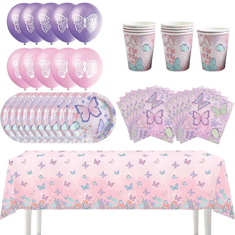 Butterfly Party Tableware Set - Disposable Plates Napkins Cups  Tablecloth for Baby Shower  Birthday - ZOOMNSTORE