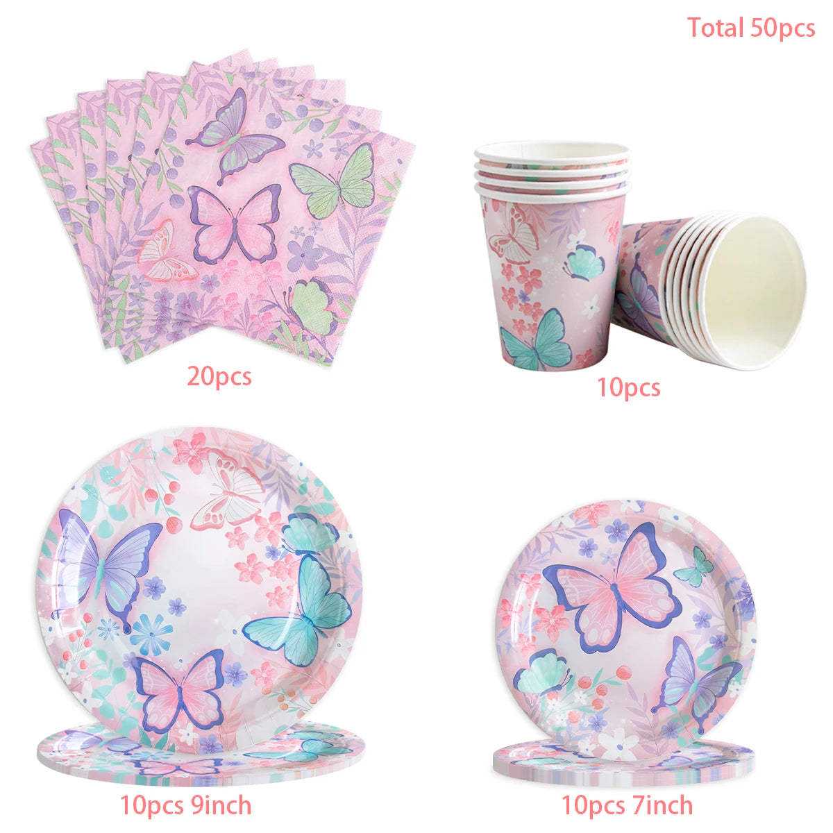 Butterfly Party Tableware Set - Disposable Plates Napkins Cups  Tablecloth for Baby Shower  Birthday - ZOOMNSTORE