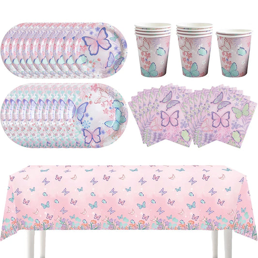 Butterfly Party Tableware Set - Disposable Plates Napkins Cups  Tablecloth for Baby Shower  Birthday - ZOOMNSTORE