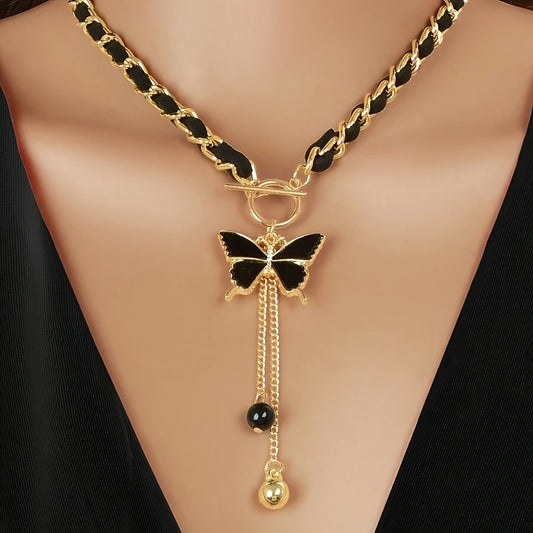 Butterfly Pendant Necklace - Black Tassel  Goldtone Chain Bohemian Style Accessories for Daily Wear or Gifts - ZOOMNSTORE