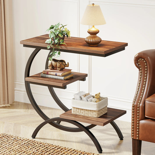 Industrial C-Shaped End Table - 3-Tier Small Couch  Bedside Table with Storage Shelves - ZOOMNSTORE