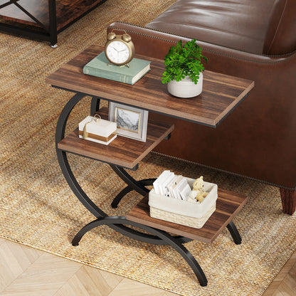 Industrial C-Shaped End Table - 3-Tier Small Couch  Bedside Table with Storage Shelves - ZOOMNSTORE