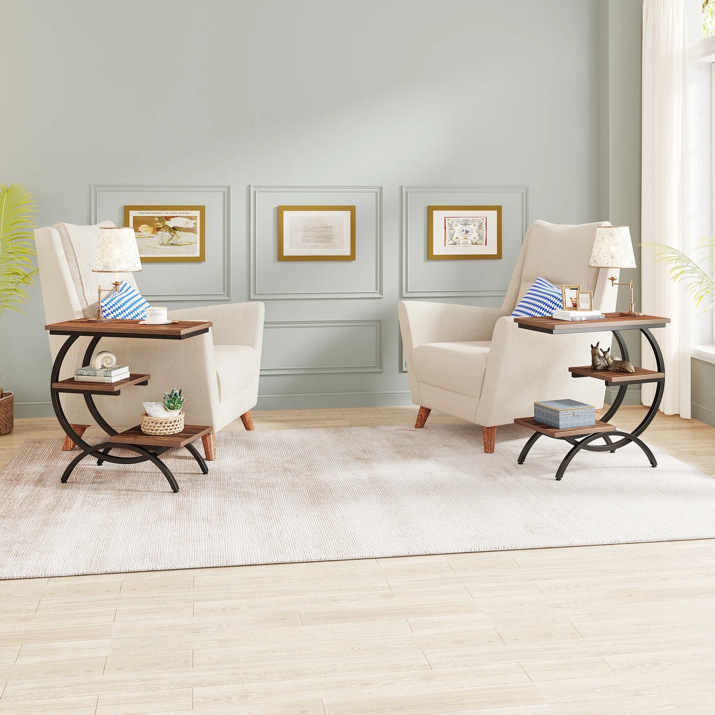 Industrial C-Shaped End Table - 3-Tier Small Couch  Bedside Table with Storage Shelves - ZOOMNSTORE