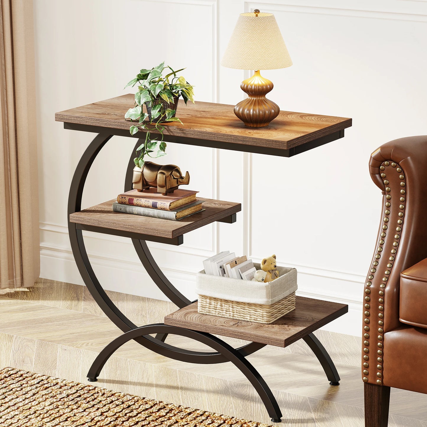 Industrial C-Shaped End Table - 3-Tier Small Couch  Bedside Table with Storage Shelves - ZOOMNSTORE