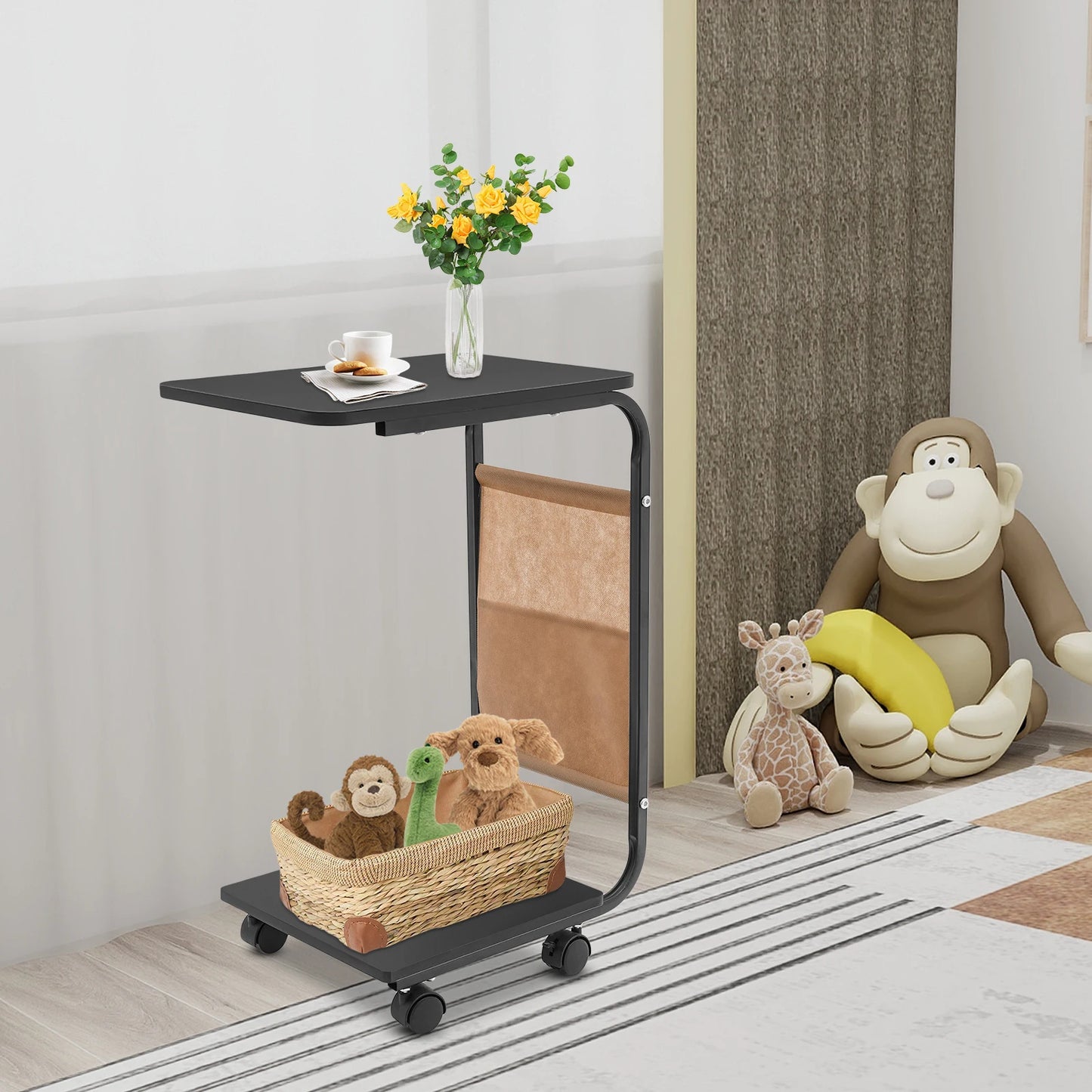 C-Shaped Side Table | Black Brown Side Table with Rust Resistant Frame & Ergonomic Height – Portable Laptop Desk - ZOOMNSTORE