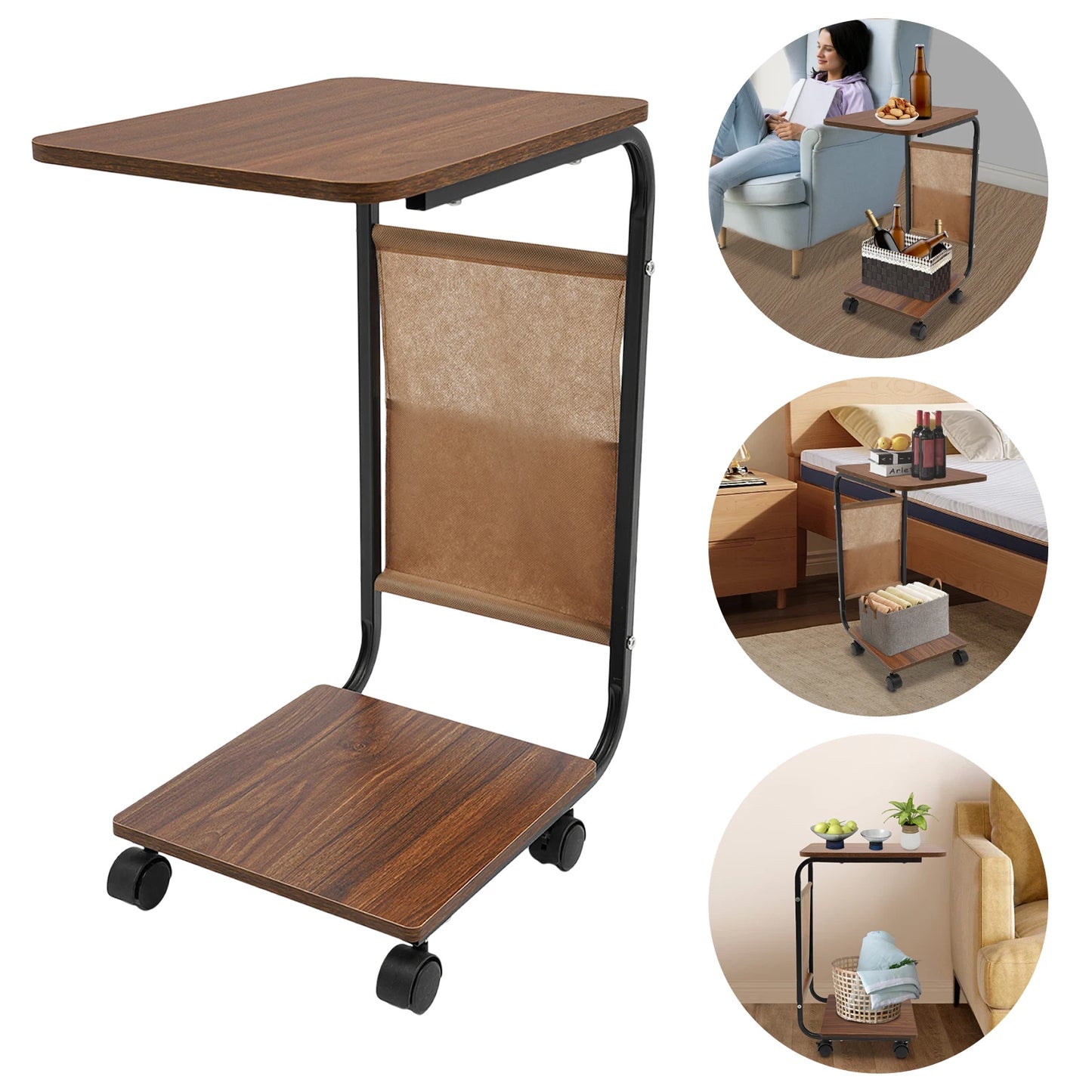C-Shaped Side Table | Black Brown Side Table with Rust Resistant Frame & Ergonomic Height – Portable Laptop Desk - ZOOMNSTORE