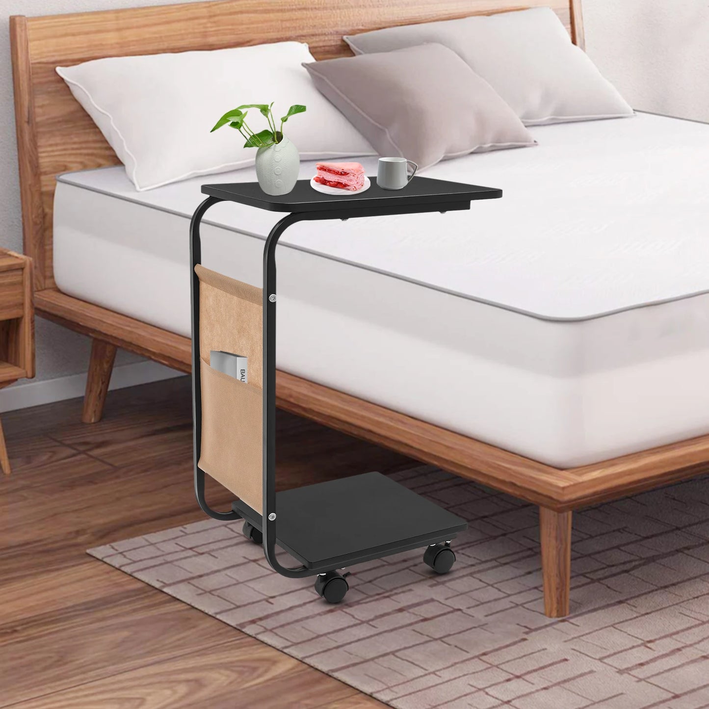 C-Shaped Side Table | Black Brown Side Table with Rust Resistant Frame & Ergonomic Height – Portable Laptop Desk - ZOOMNSTORE