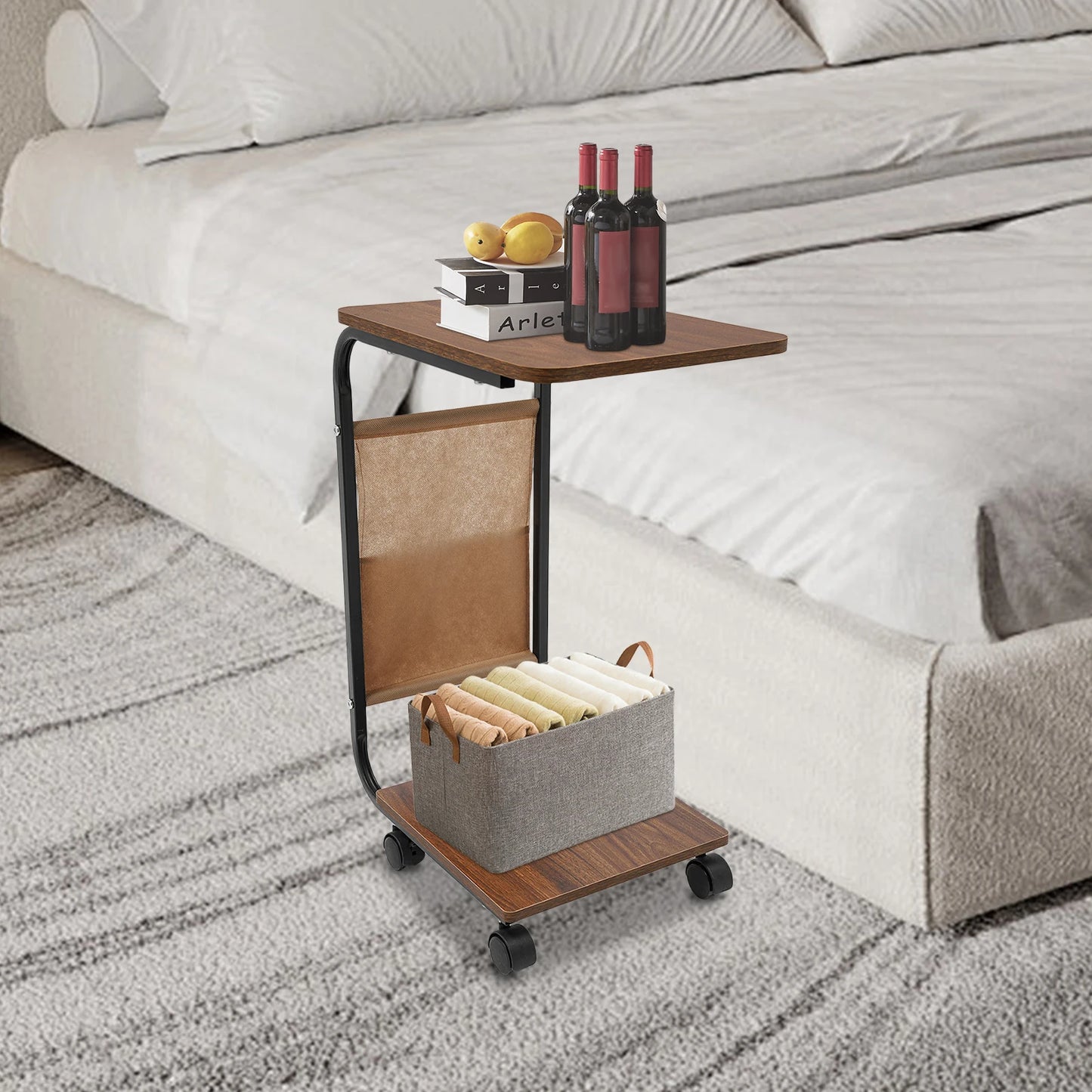 C-Shaped Side Table | Black Brown Side Table with Rust Resistant Frame & Ergonomic Height – Portable Laptop Desk - ZOOMNSTORE