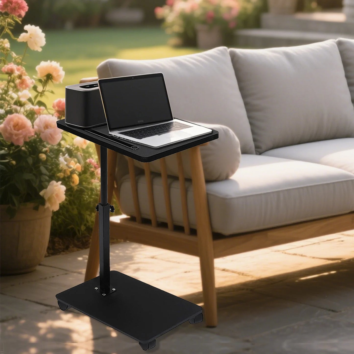 C Shaped Side Table – Mobile Coffee Table With Wheels | Adjustable Height Wooden Storage - ZOOMNSTORE