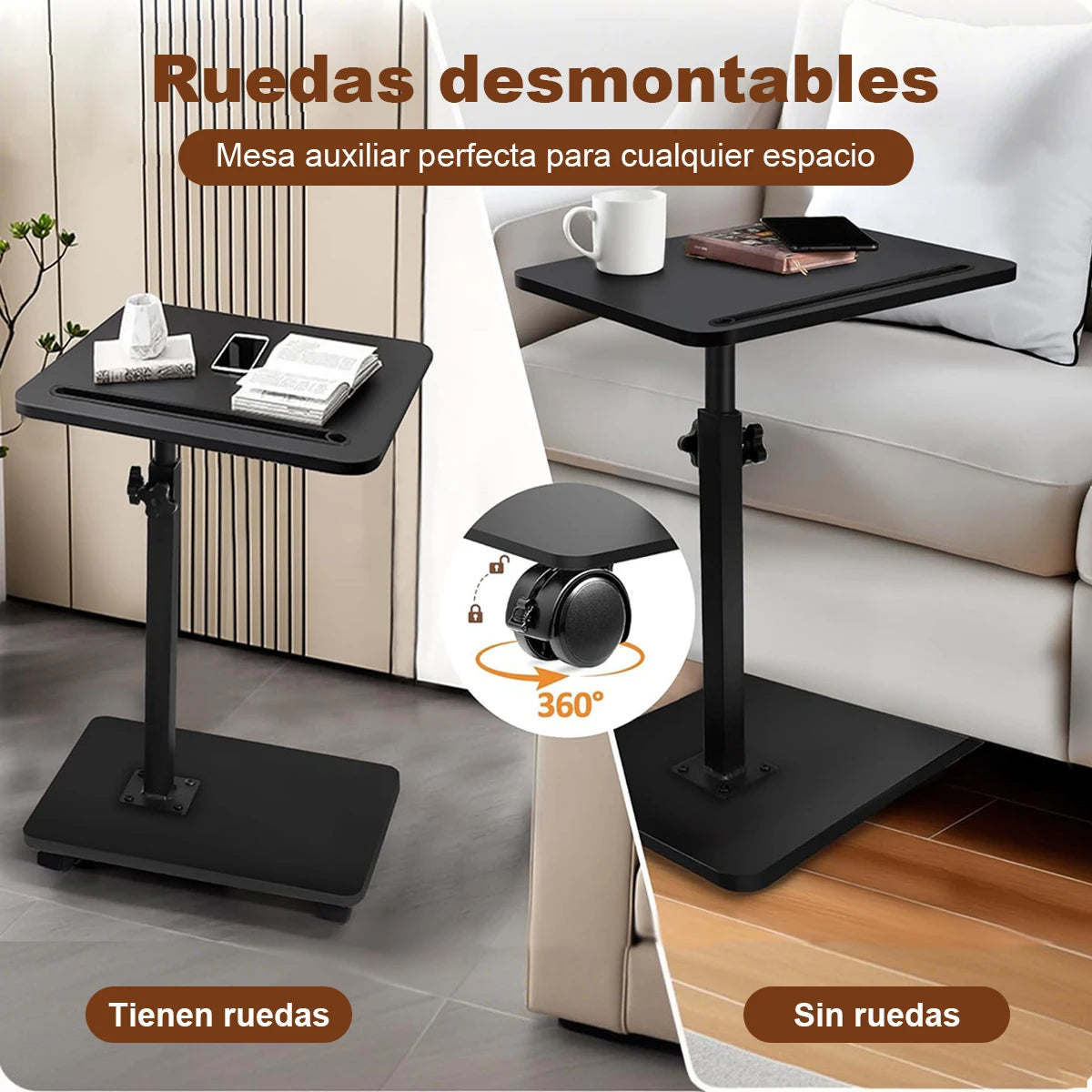 C Shaped Side Table – Mobile Coffee Table With Wheels | Adjustable Height Wooden Storage - ZOOMNSTORE