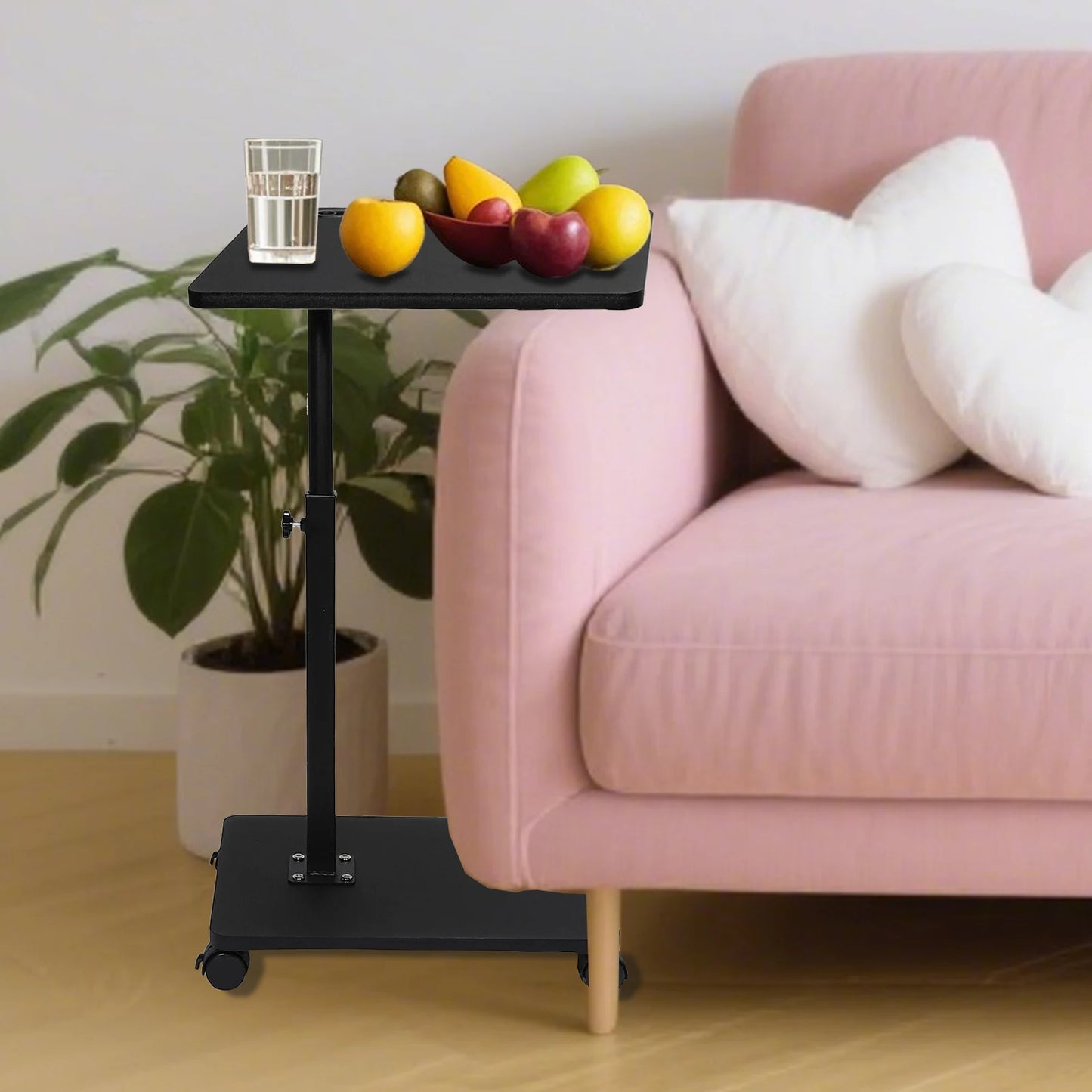 C Shaped Side Table – Mobile Coffee Table With Wheels | Adjustable Height Wooden Storage - ZOOMNSTORE