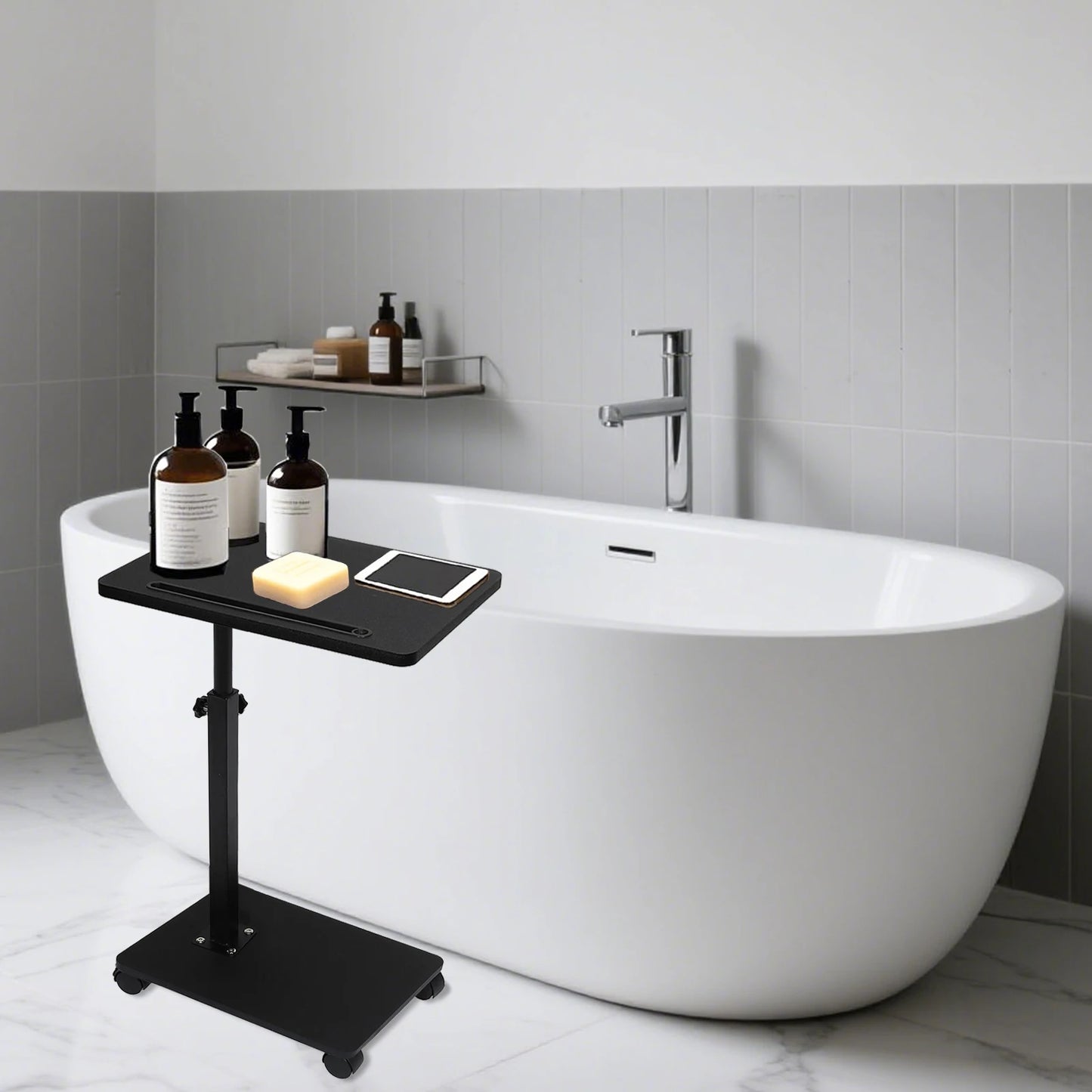 C Shaped Side Table – Mobile Coffee Table With Wheels | Adjustable Height Wooden Storage - ZOOMNSTORE