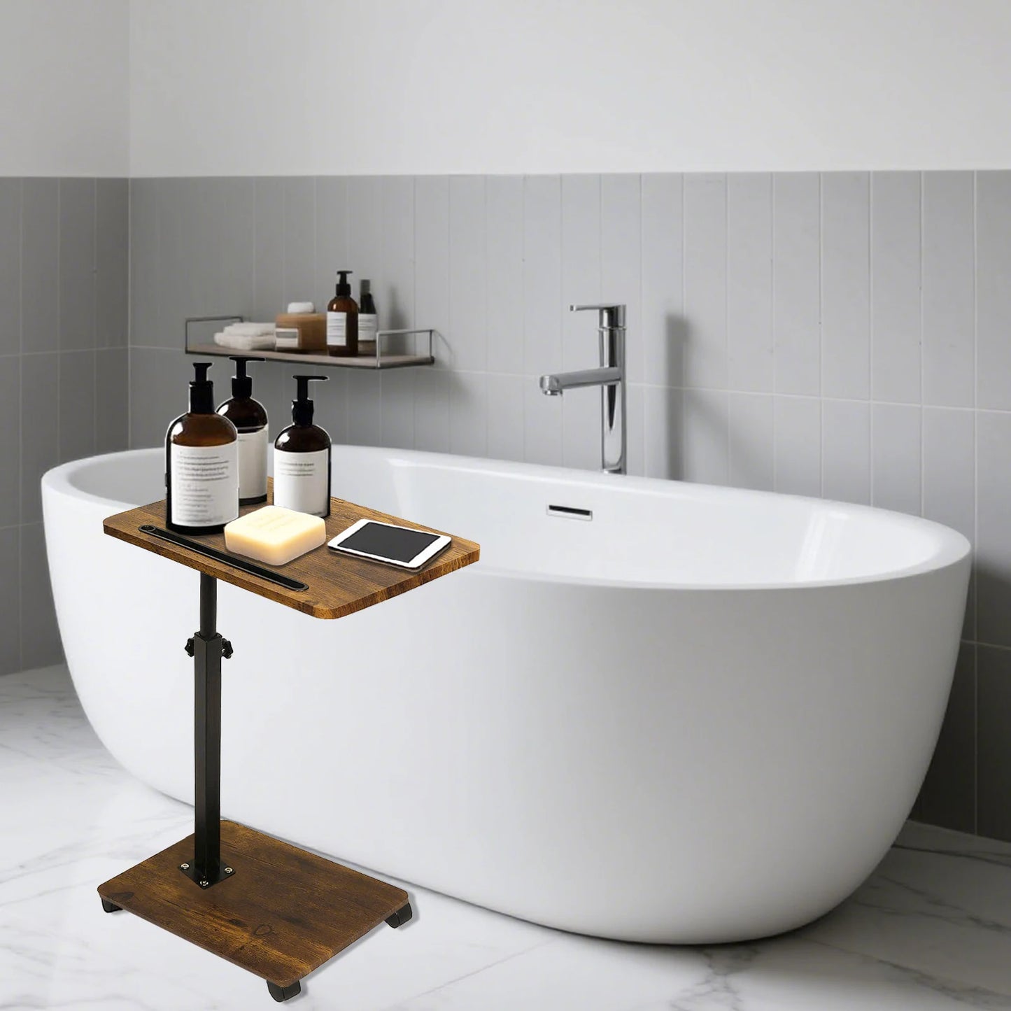 C Shaped Side Table – Mobile Coffee Table With Wheels | Adjustable Height Wooden Storage - ZOOMNSTORE