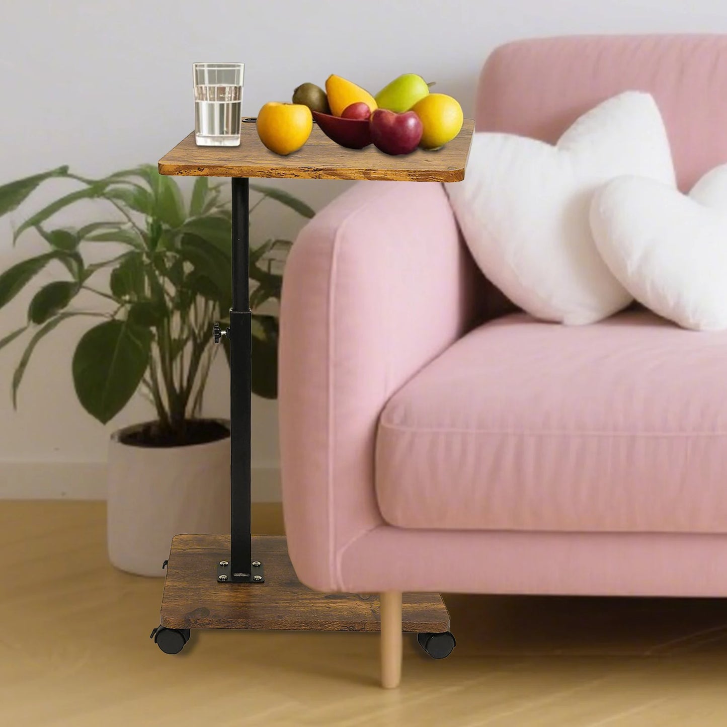 C Shaped Side Table – Mobile Coffee Table With Wheels | Adjustable Height Wooden Storage - ZOOMNSTORE