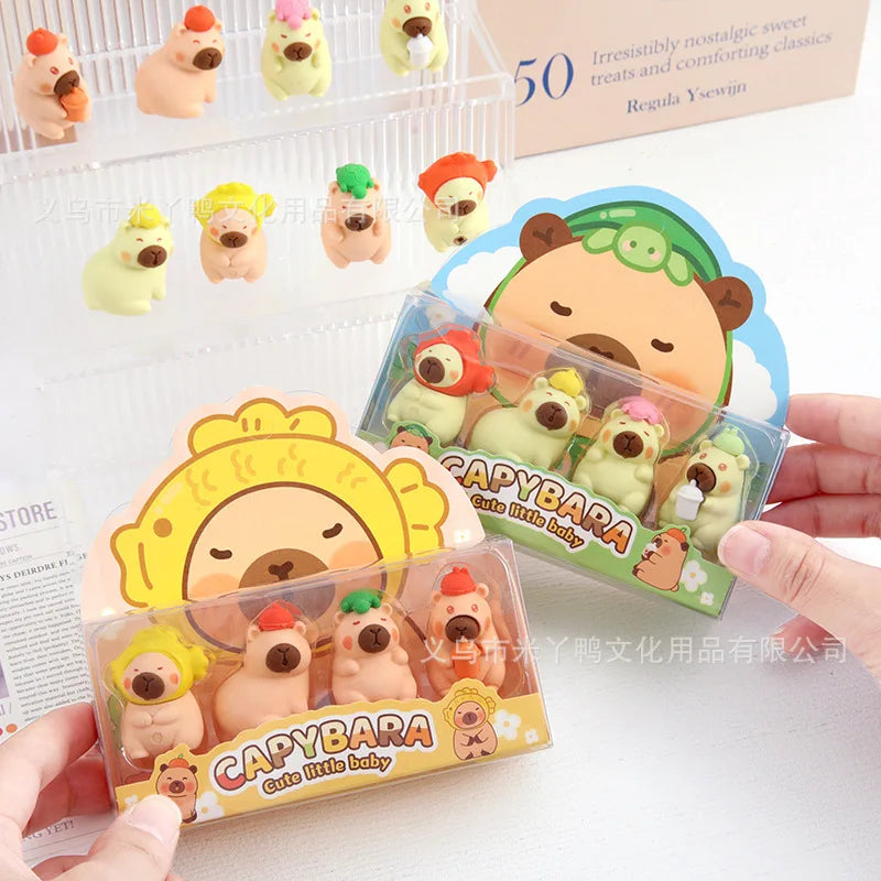 4PCS Cute Capybara 3D Erasers Funny Cartoon Creative Animal Erasers Stationary Gifts Mini School Office Supplies for school - ZOOMNSTORE