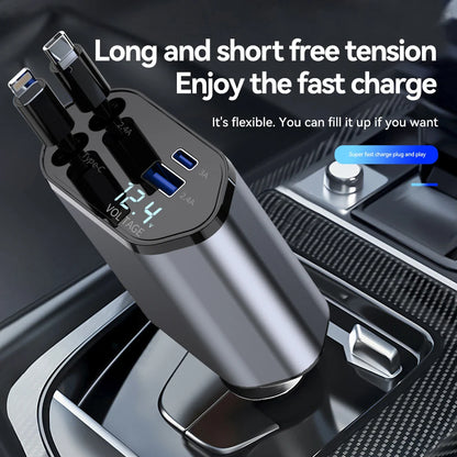 120W 4 in 1 Car Charger Retractable Car Cigarette Lighter Adapter USB Type C Fast Charger Cable For IPhone Xiaomi Huawei Samsung - ZOOMNSTORE
