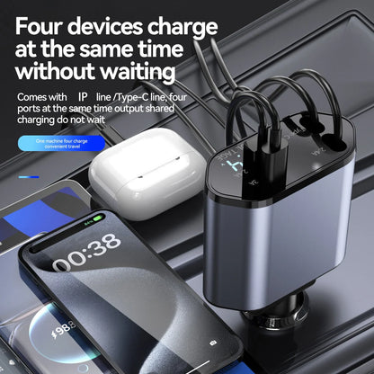 120W 4 in 1 Car Charger Retractable Car Cigarette Lighter Adapter USB Type C Fast Charger Cable For IPhone Xiaomi Huawei Samsung - ZOOMNSTORE