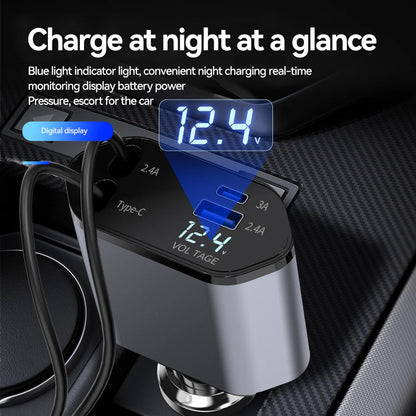 120W 4 in 1 Car Charger Retractable Car Cigarette Lighter Adapter USB Type C Fast Charger Cable For IPhone Xiaomi Huawei Samsung - ZOOMNSTORE
