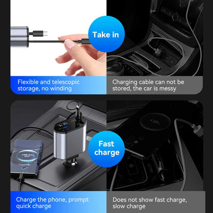 120W 4 in 1 Car Charger Retractable Car Cigarette Lighter Adapter USB Type C Fast Charger Cable For IPhone Xiaomi Huawei Samsung - ZOOMNSTORE