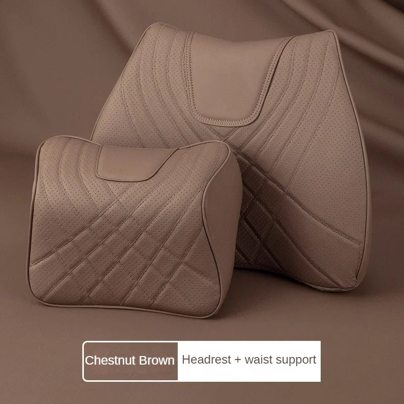 Car Headrest Pillow - Memory Foam Lumbar Support Cushion Set With Leather Cover - ZOOMNSTORE