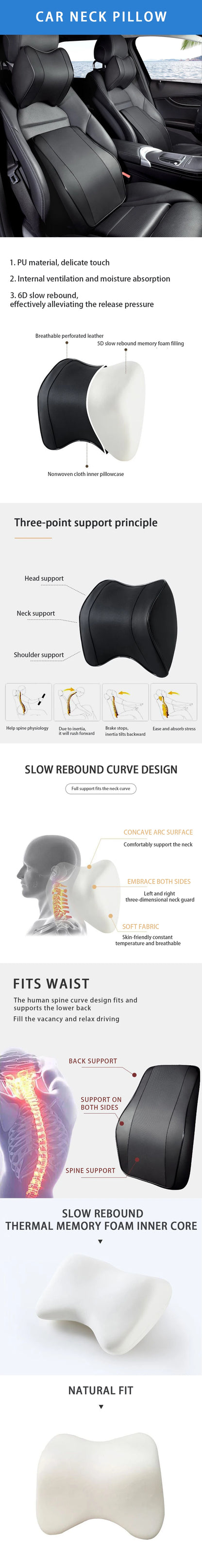 Car Neck Pillow - Breathable Memory Foam Cushion with Lumbar Support & Adjustable Neck Rest - ZOOMNSTORE