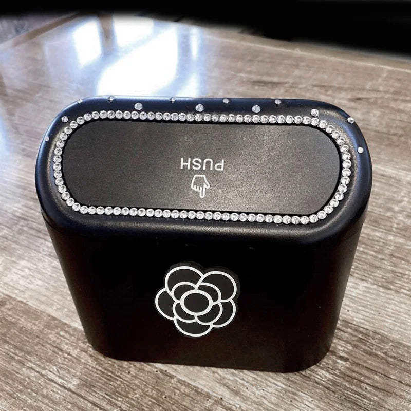 Car Trash Bin Diamond Bowknot Hanging Vehicle Garbage Can Pressing Type Storage - ZOOMNSTORE