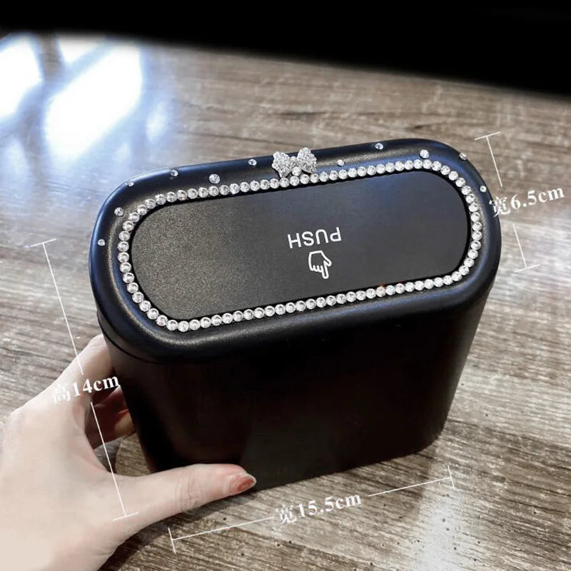 Car Trash Bin Diamond Bowknot Hanging Vehicle Garbage Can Pressing Type Storage - ZOOMNSTORE