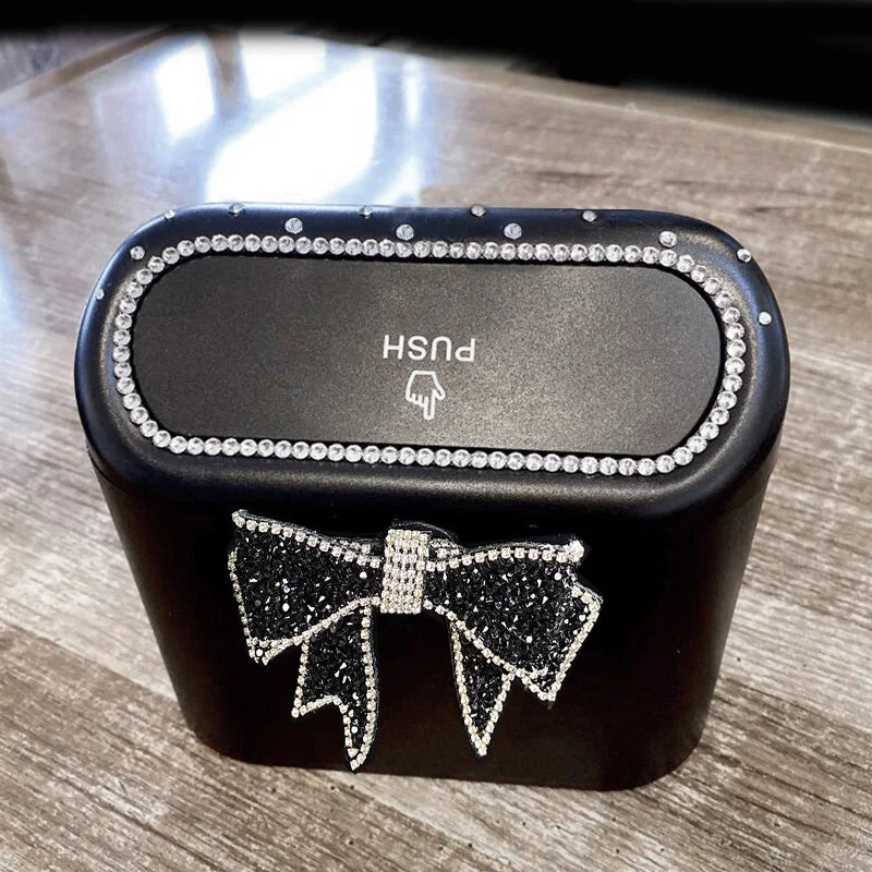 Car Trash Bin Diamond Bowknot Hanging Vehicle Garbage Can Pressing Type Storage - ZOOMNSTORE