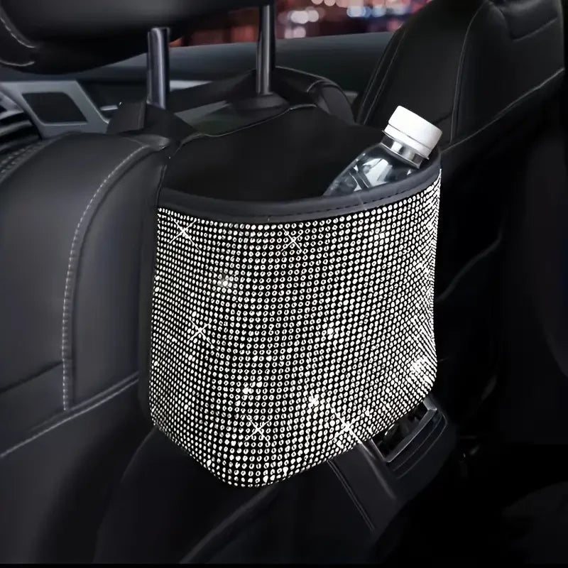 Car Trash Can - PU Leather Rhinestone Seat Back Organizer With Round Design - ZOOMNSTORE