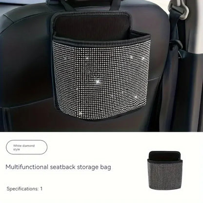 Car Trash Can - PU Leather Rhinestone Seat Back Organizer With Round Design - ZOOMNSTORE