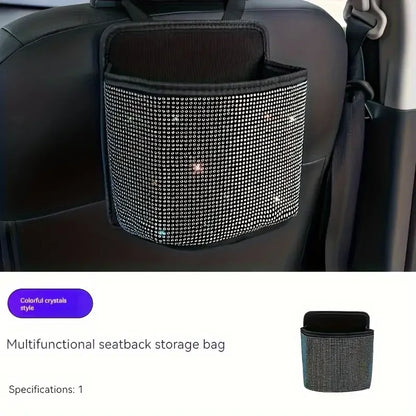 Car Trash Can - PU Leather Rhinestone Seat Back Organizer With Round Design - ZOOMNSTORE