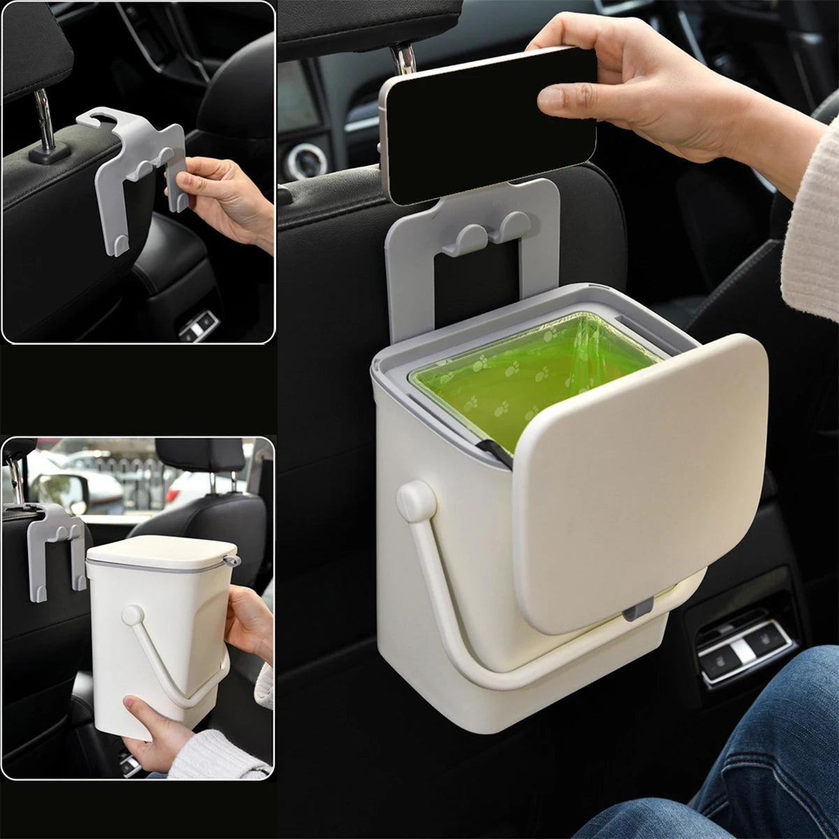 Car Trash Can With Mobile Phone Holder - 5L Rear Seat Storage Box With Lid - ZOOMNSTORE