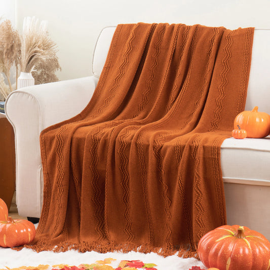 Caramel Knit Throw Blanket - Lightweight Plaid Blanket for Couch and Bed - ZOOMNSTORE