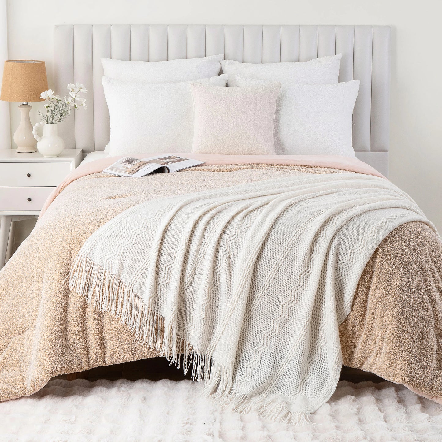 Caramel Knit Throw Blanket - Lightweight Plaid Blanket for Couch and Bed - ZOOMNSTORE