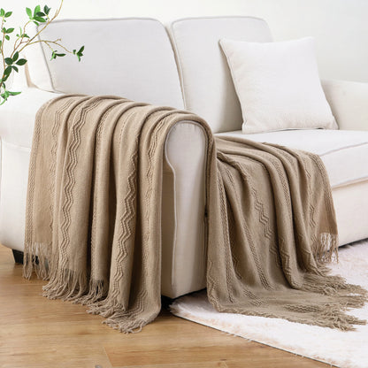 Caramel Knit Throw Blanket - Lightweight Plaid Blanket for Couch and Bed - ZOOMNSTORE