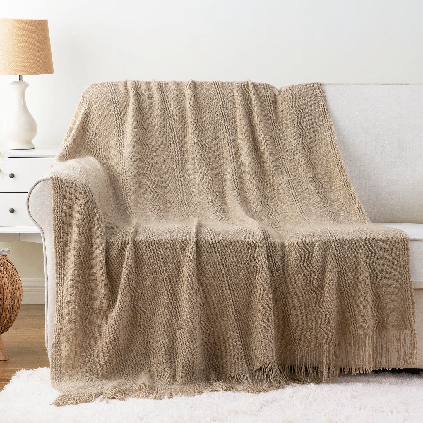 Caramel Knit Throw Blanket - Lightweight Plaid Blanket for Couch and Bed - ZOOMNSTORE