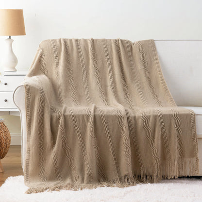 Caramel Knit Throw Blanket - Lightweight Plaid Blanket for Couch and Bed - ZOOMNSTORE