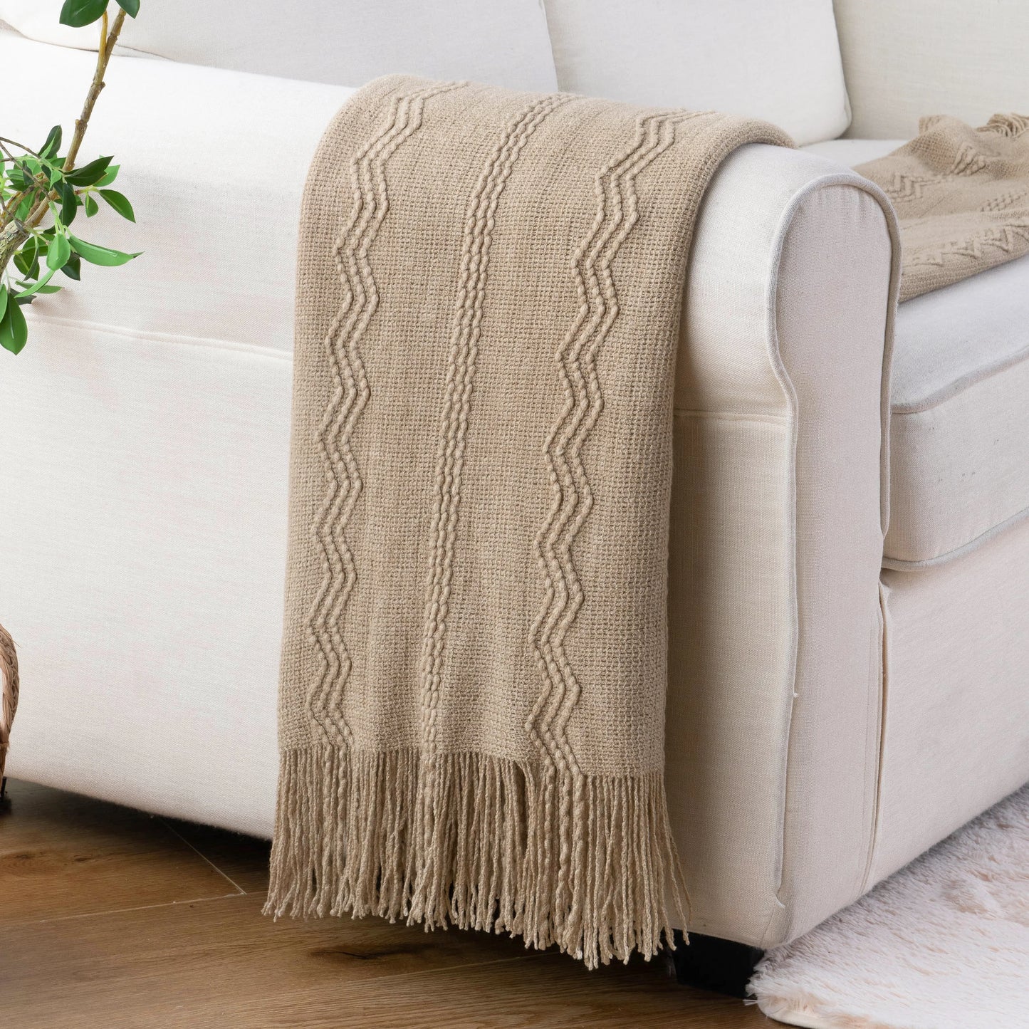 Caramel Knit Throw Blanket - Lightweight Plaid Blanket for Couch and Bed - ZOOMNSTORE
