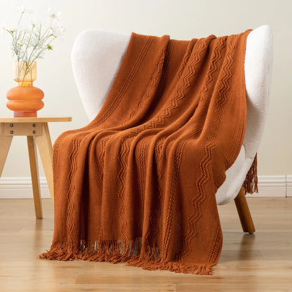 Caramel Knit Throw Blanket - Lightweight Plaid Blanket for Couch and Bed - ZOOMNSTORE