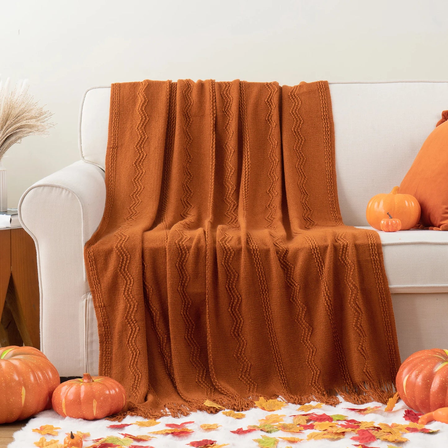 Caramel Knit Throw Blanket - Lightweight Plaid Blanket for Couch and Bed - ZOOMNSTORE