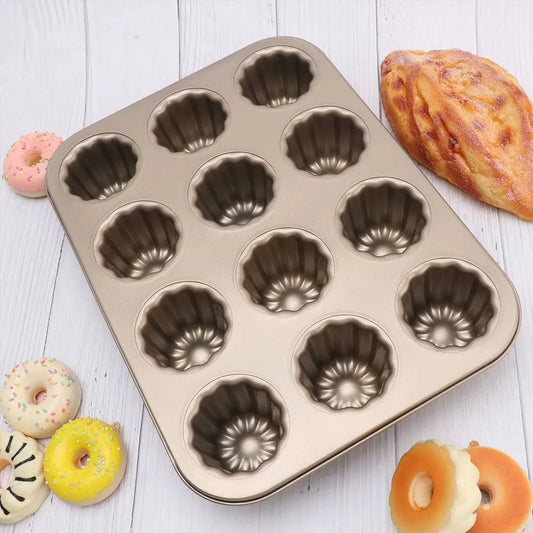 Carbon Steel Cake Pan - 12 Cavity French Canele Mold Non-Stick Muffin Bakeware - ZOOMNSTORE