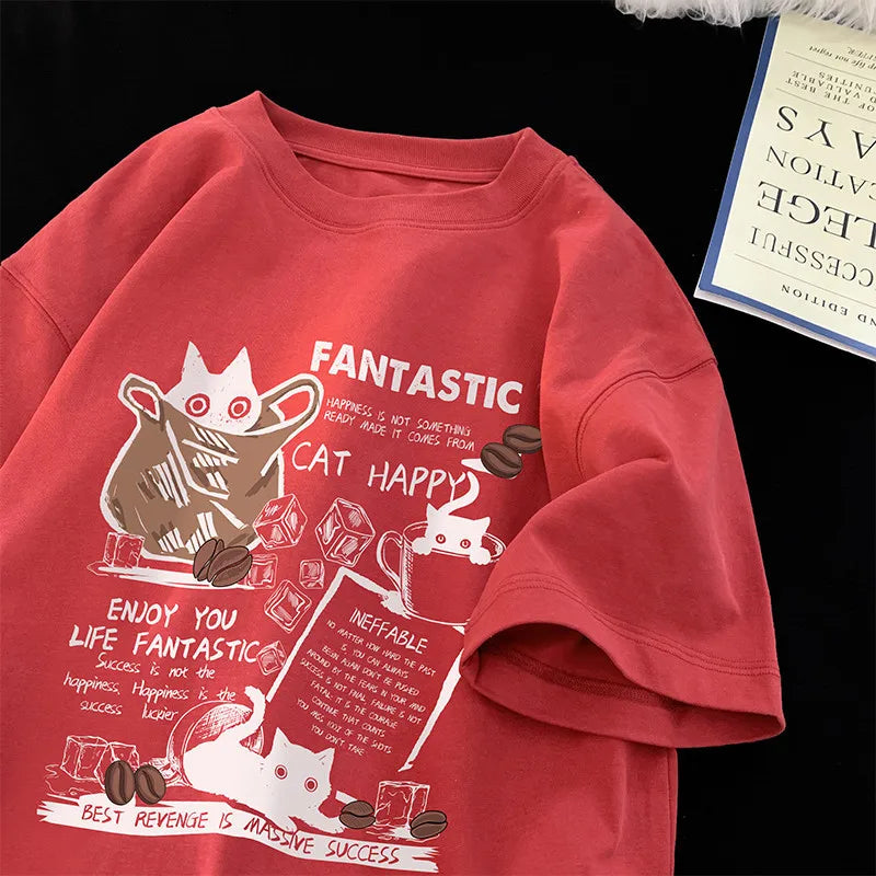 Cartoon Cat Oversized T-Shirt - Casual Short Sleeve Couples Tee - ZOOMNSTORE