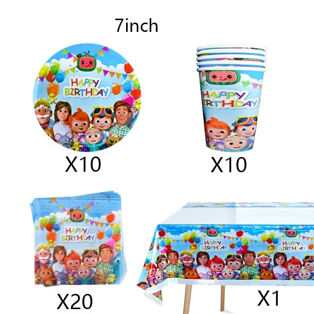 Cartoon JJ Melon Birthday Party Set - Disposable Tableware Decorations Balloons Cake Topper - ZOOMNSTORE