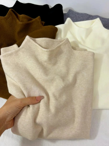 Cashmere Long Sleeve Tee - Women's Soft Cotton Stand-Up Collar Top for Autumn Winter - ZOOMNSTORE